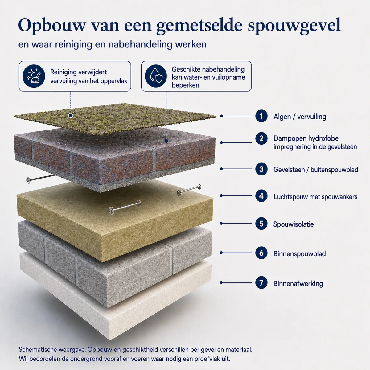 Schematische opbouw van een gemetselde spouwgevel met reiniging en hydrofobe nabehandeling van de gevelsteen